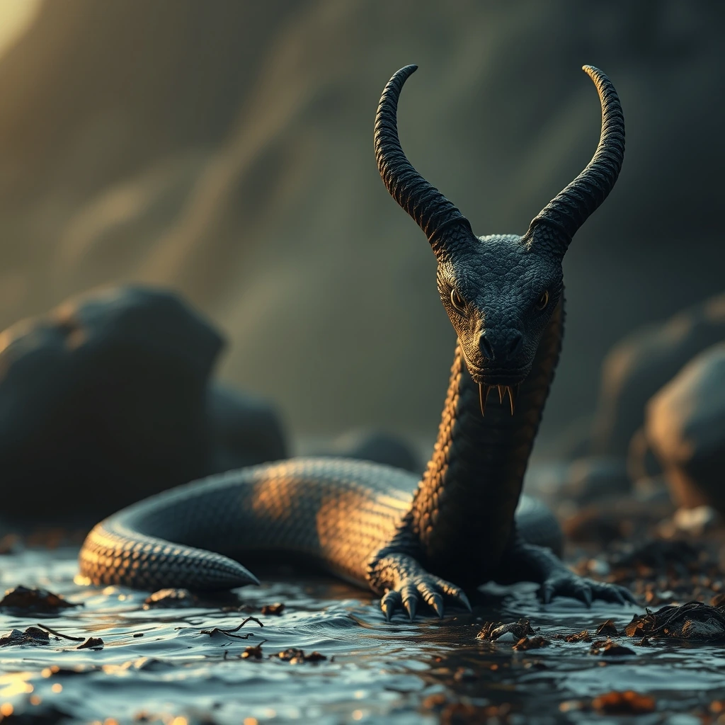 Ilustração histórica e representação de Serpente Chifruda