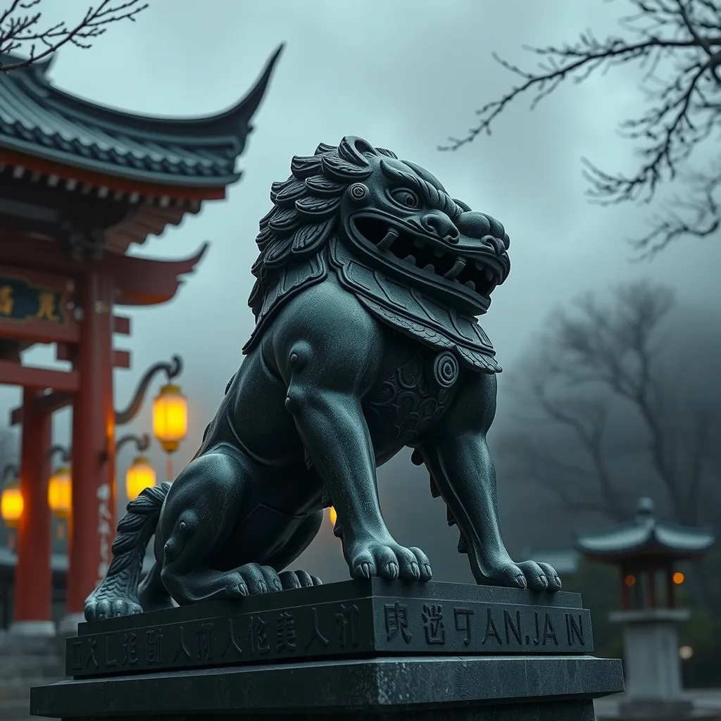 Ilustração histórica e representação de Komainu