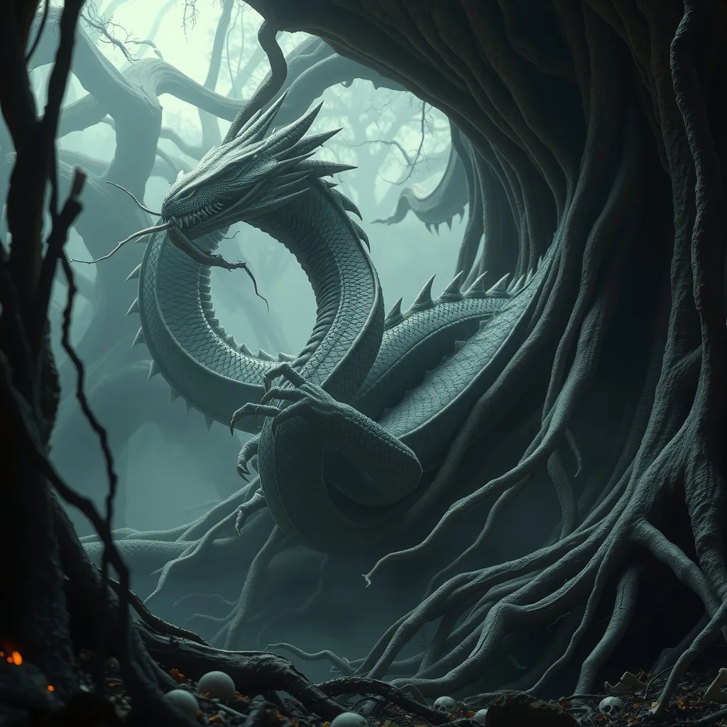 Ilustração histórica e representação de Níðhöggr