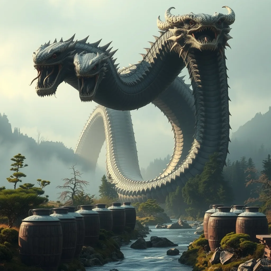 Ilustração histórica e representação de Yamata-no-Orochi